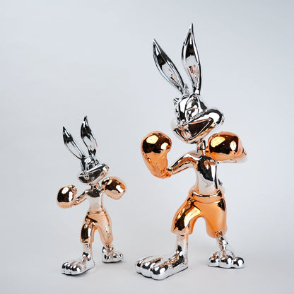 Chrome silver and gold bunny boxer decor figurine luxury collectible for modern home and office