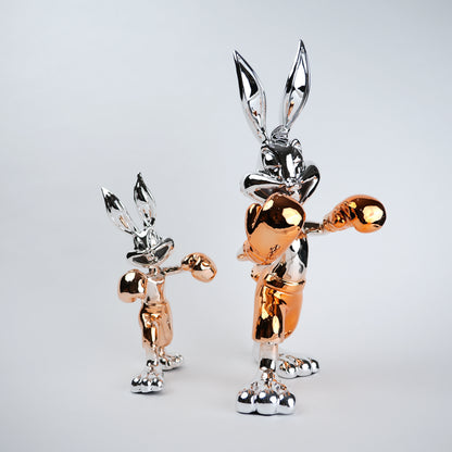 Chrome silver and gold bunny boxer decor figurine luxury collectible for modern home and office