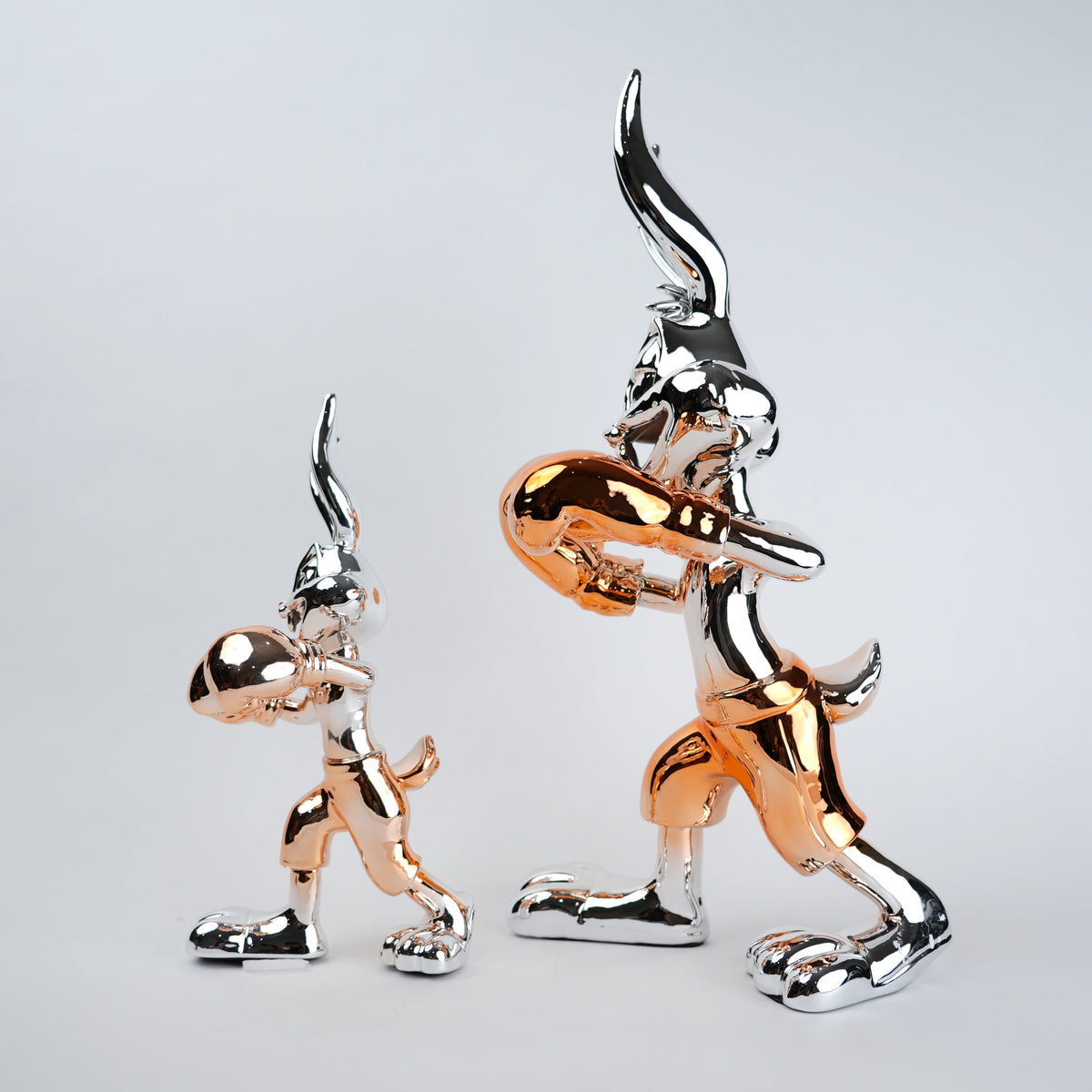 Chrome silver and gold bunny boxer decor figurine luxury collectible for modern home and office