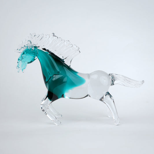Aqua teal glass horse figurine with clear glass body and textured mane detail