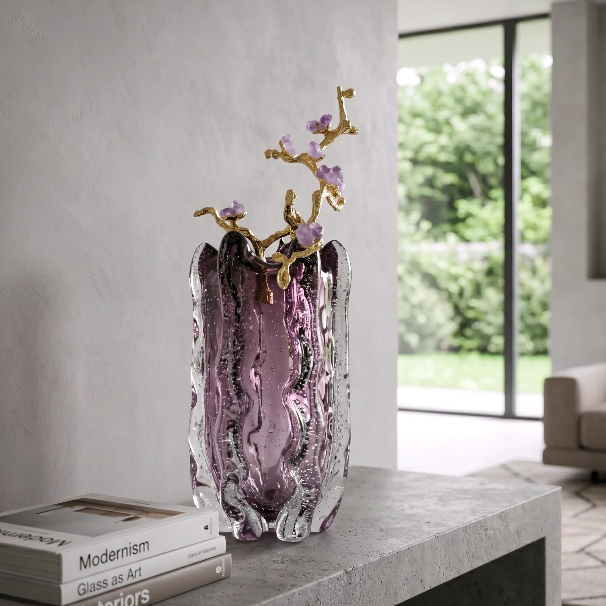 Amethyst Bloom vase, stone console, garden