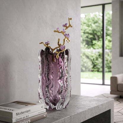 Amethyst Bloom vase, stone console, garden