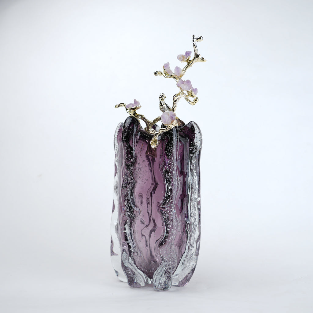 Purple textured glass vase with gold branch and lavender floral detailing