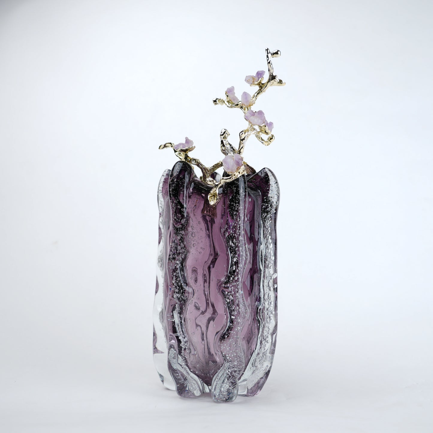 Purple textured glass vase with gold branch and lavender floral detailing