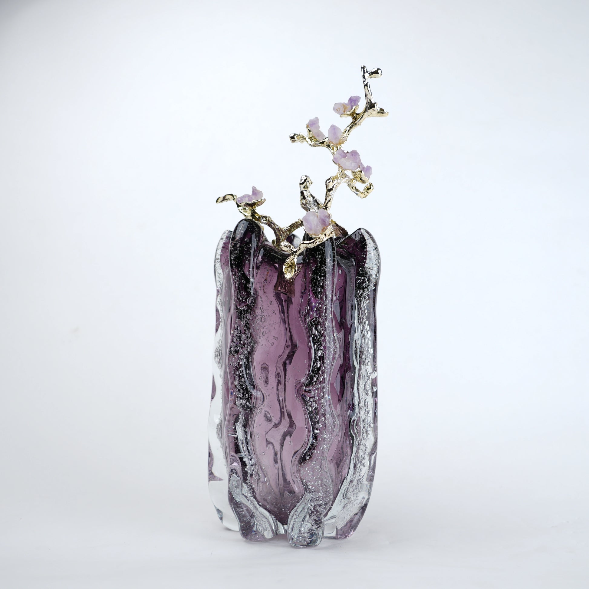Purple textured glass vase with gold branch and lavender floral detailing
