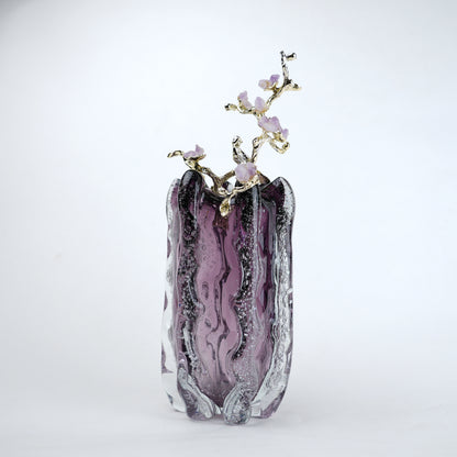 Purple textured glass vase with gold branch and lavender floral detailing