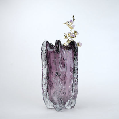 Purple textured glass vase with gold branch and lavender floral detailing