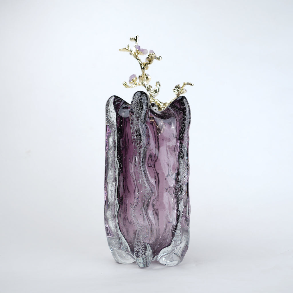 Purple textured glass vase with gold branch and lavender floral detailing