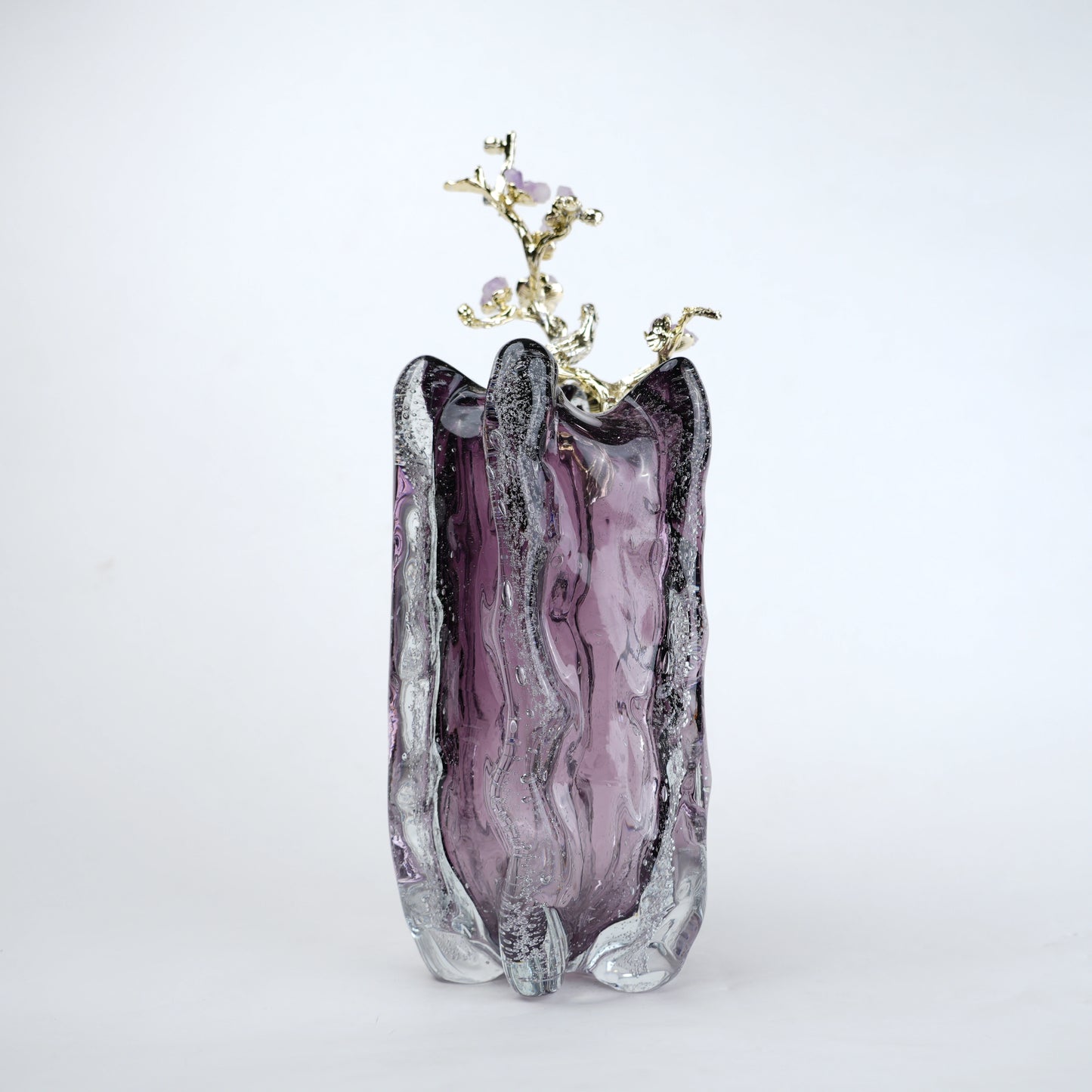 Purple textured glass vase with gold branch and lavender floral detailing