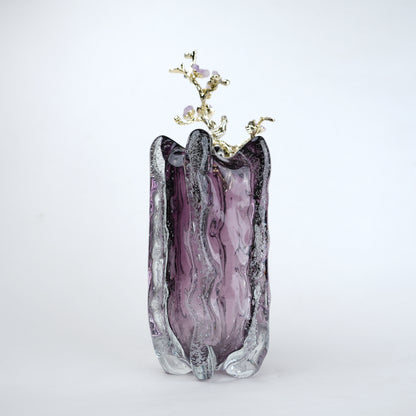 Purple textured glass vase with gold branch and lavender floral detailing