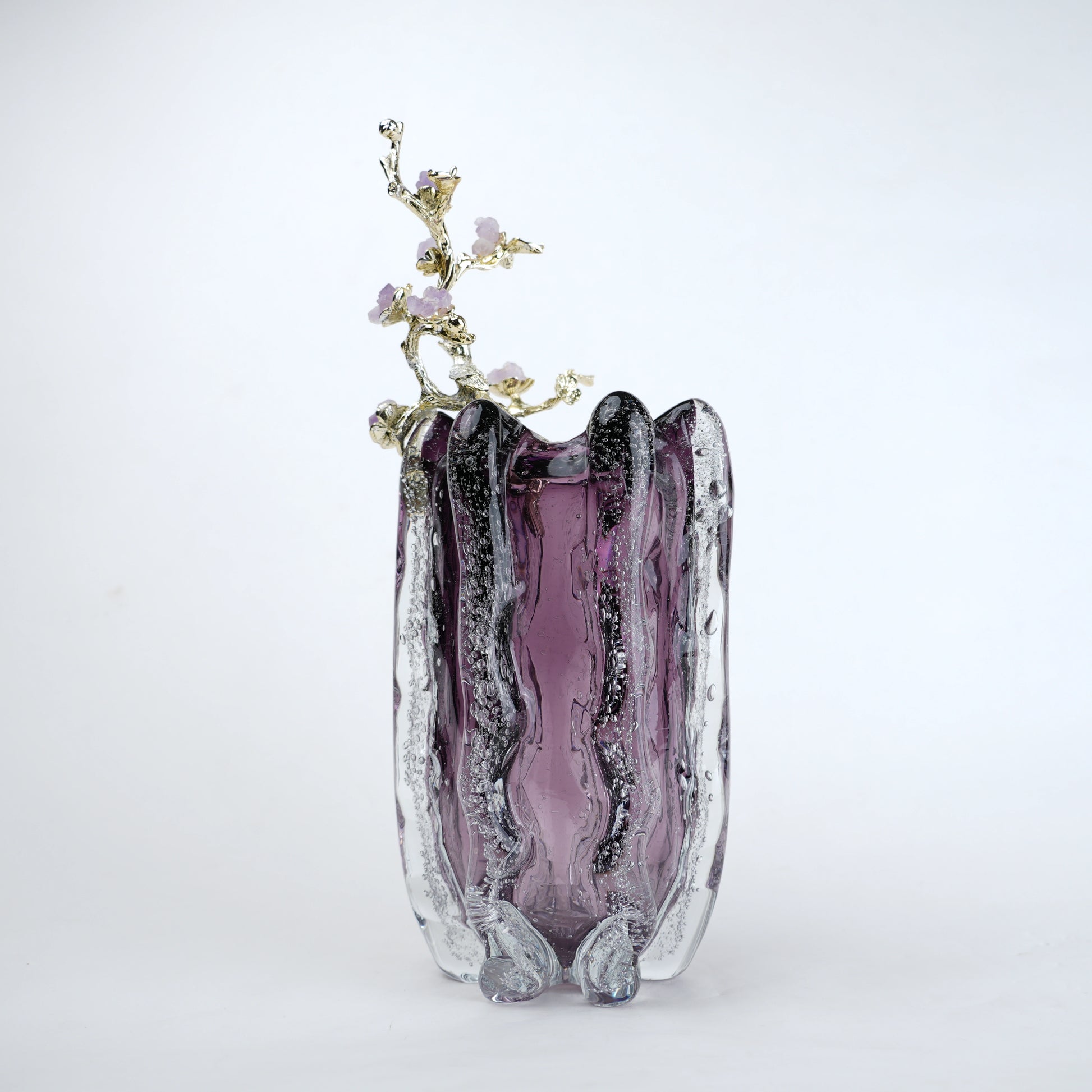 Purple textured glass vase with gold branch and lavender floral detailing