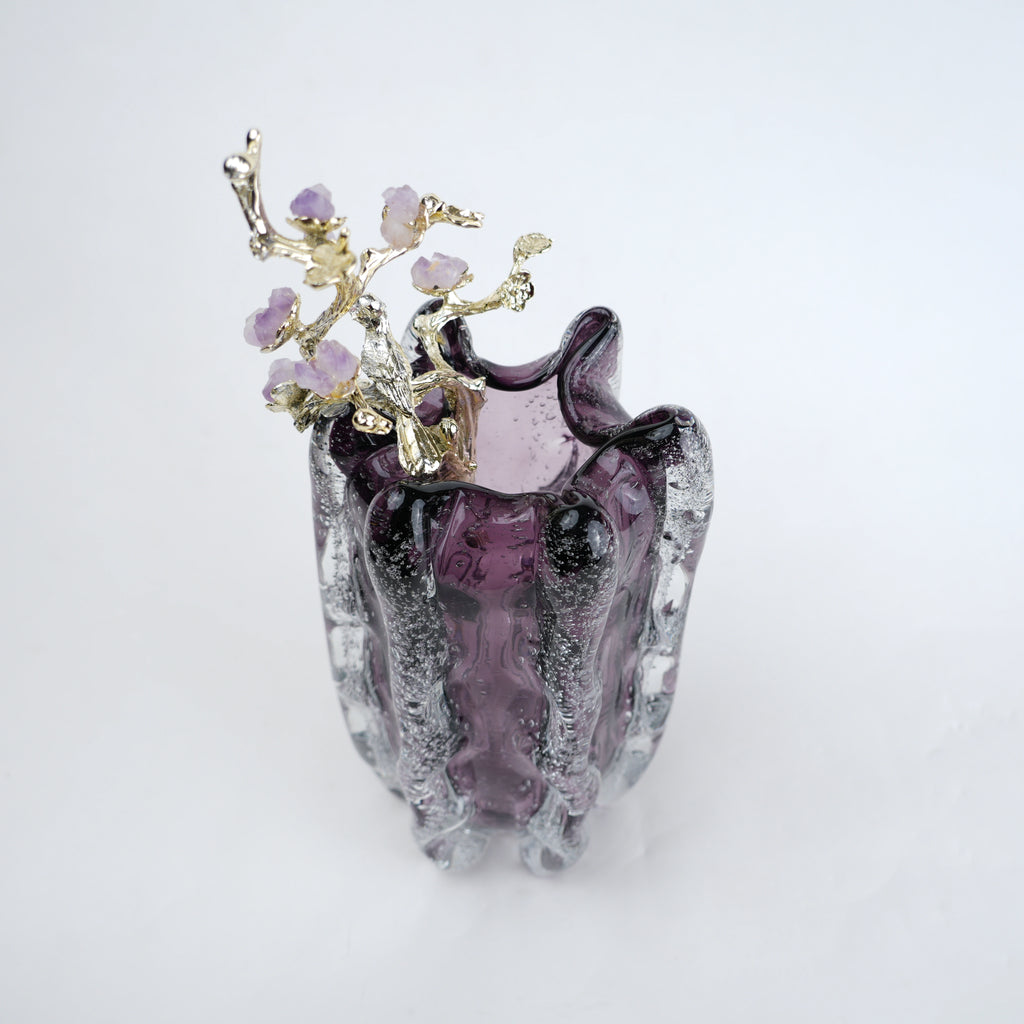 Purple textured glass vase with gold branch and lavender floral detailing