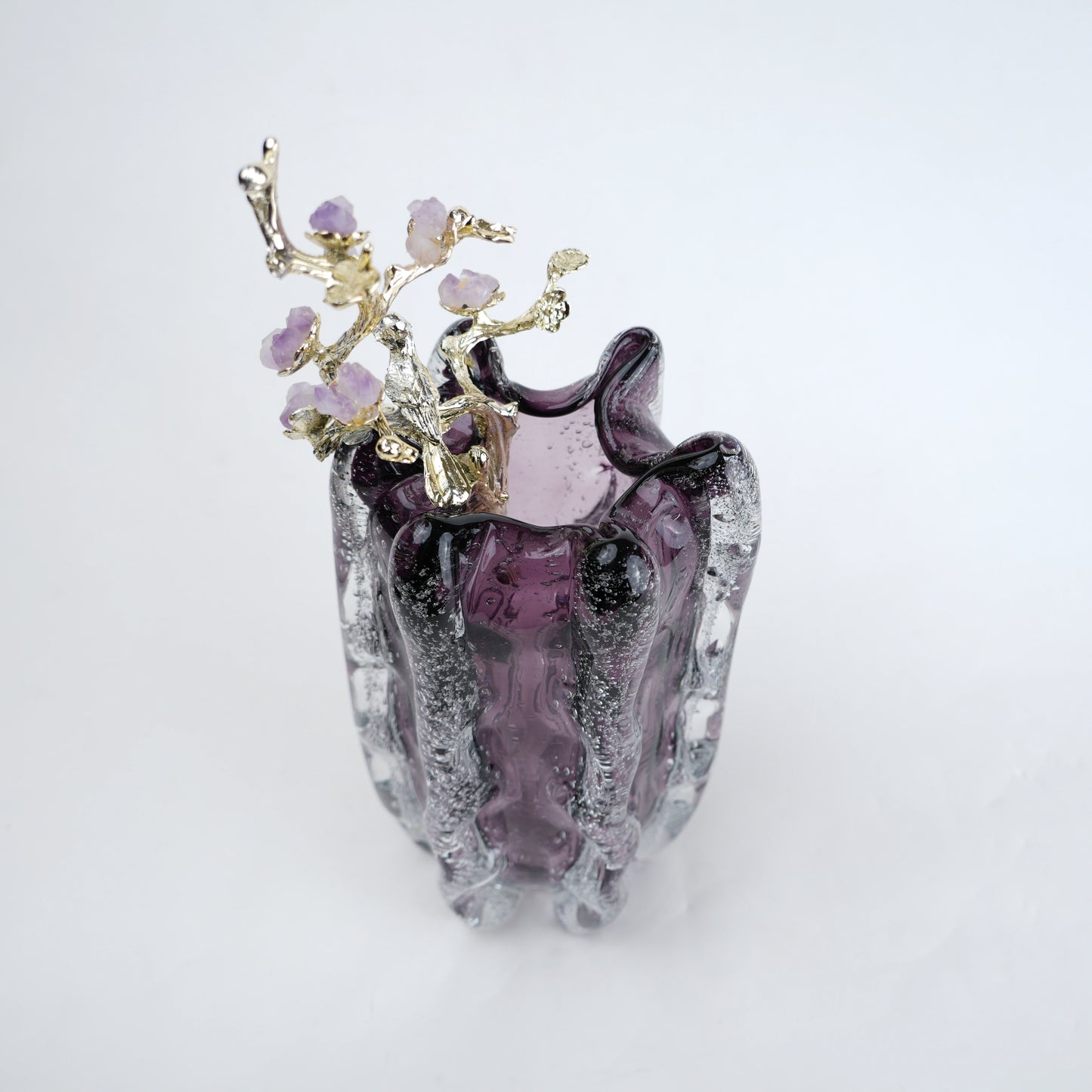 Purple textured glass vase with gold branch and lavender floral detailing