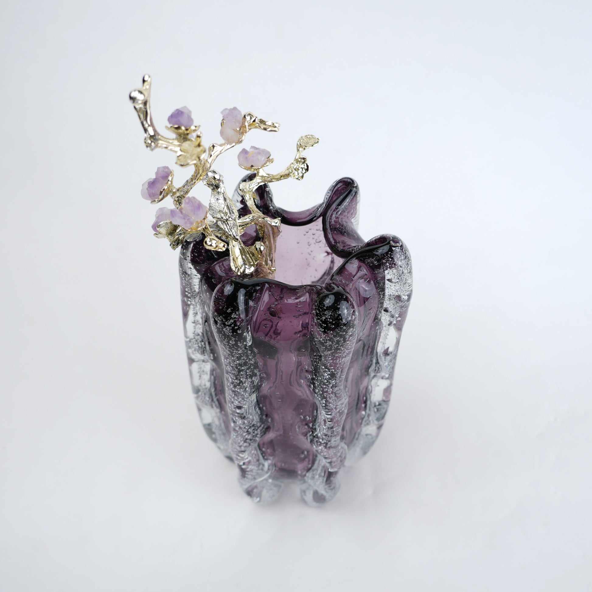 Purple textured glass vase with gold branch and lavender floral detailing
