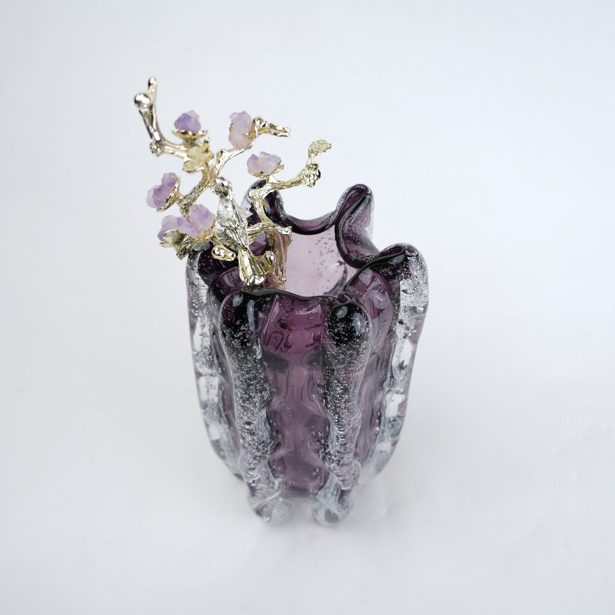 Purple textured glass vase with gold branch and lavender floral detailing