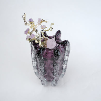 Purple textured glass vase with gold branch and lavender floral detailing