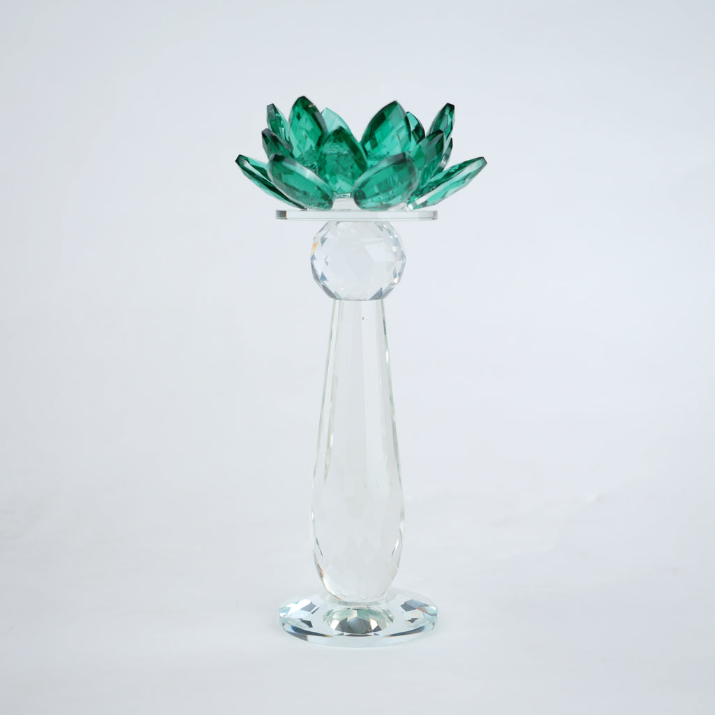Emerald green glass lotus candle holder with faceted petals and clear crystal base