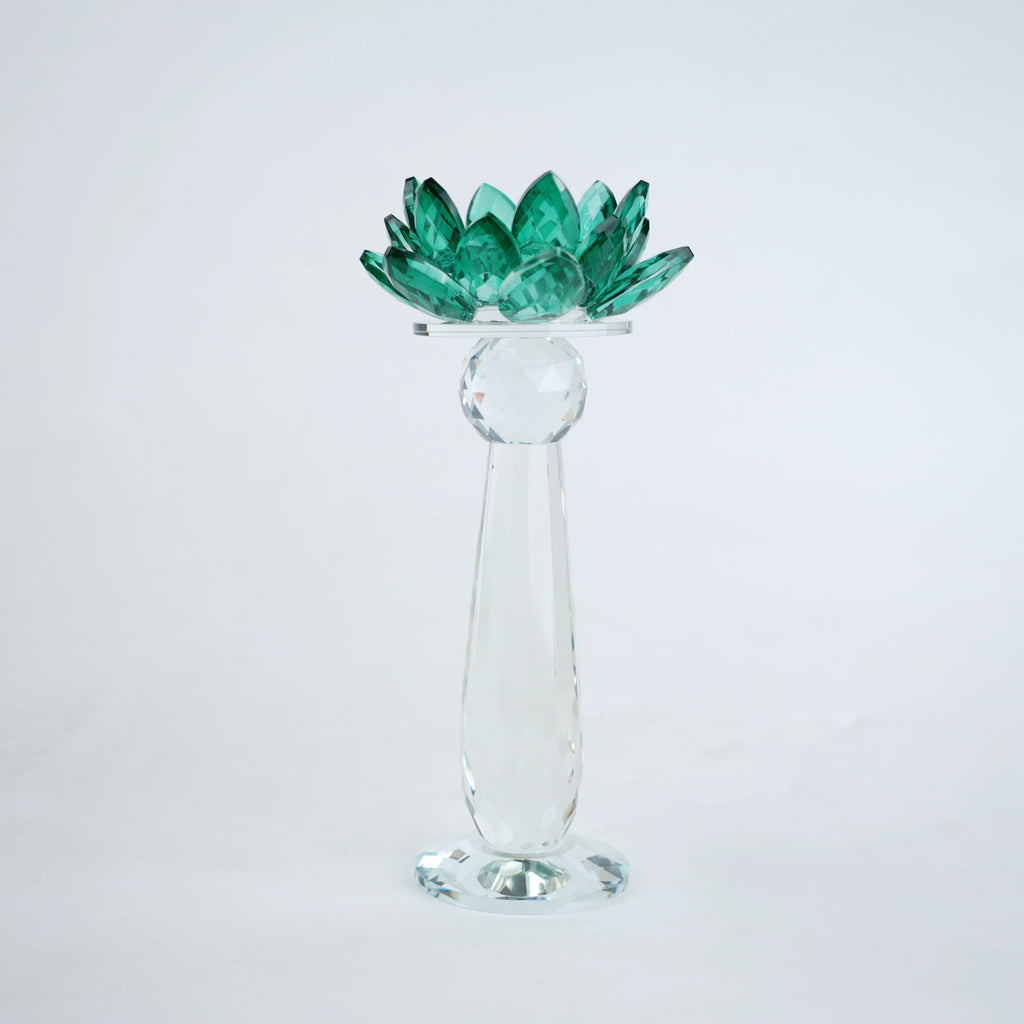 Emerald green glass lotus candle holder with faceted petals and clear crystal base