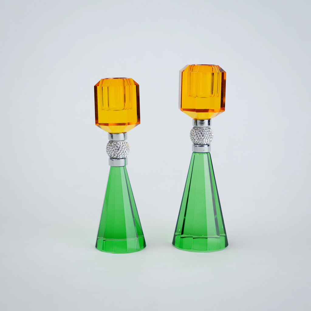 emerald amber crystal candle holder set of 2