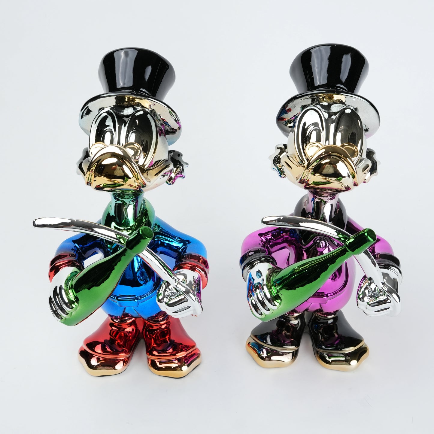 pink duck figurine holding champagne bottle and sword chrome finish luxury home decor accent
