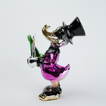 pink duck figurine holding champagne bottle and sword chrome finish luxury home decor accent