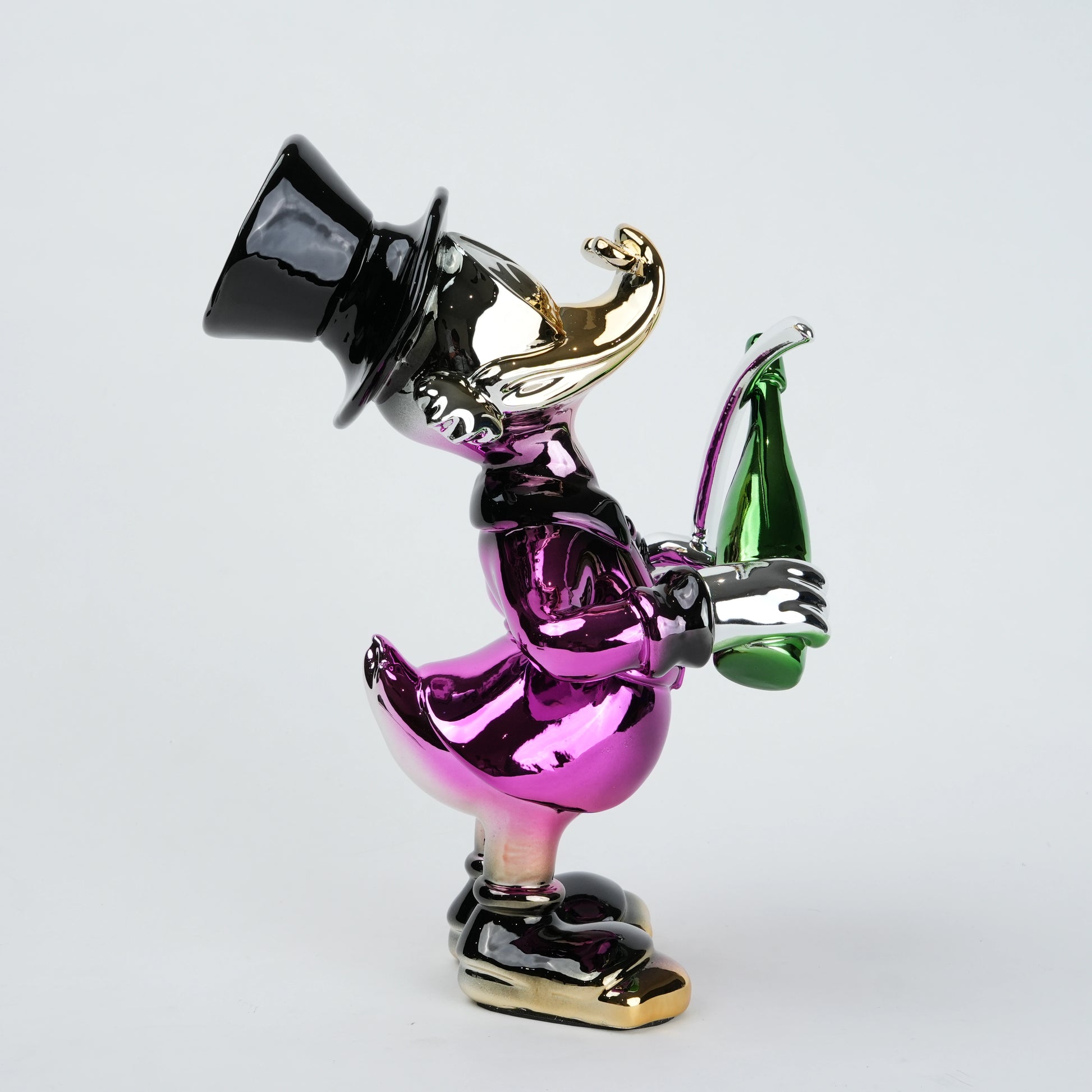 pink duck figurine holding champagne bottle and sword chrome finish luxury home decor accent