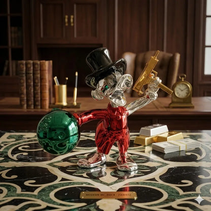 duck figurine holding money bag and gun chrome finish luxury home decor accent