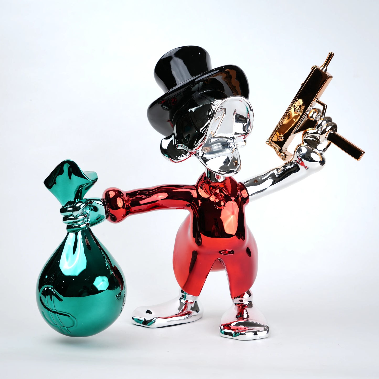 Colorful glass figure with a top hat and a green flask on a white background