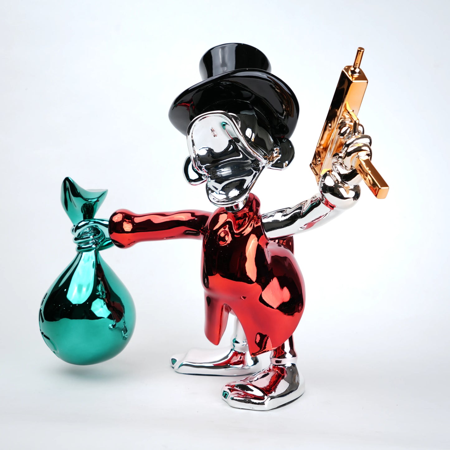 Metallic figurine of a character holding a gun and a green bottle on a white background