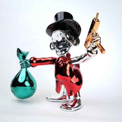Metallic figurine of a character holding a gun and a green bottle on a white background