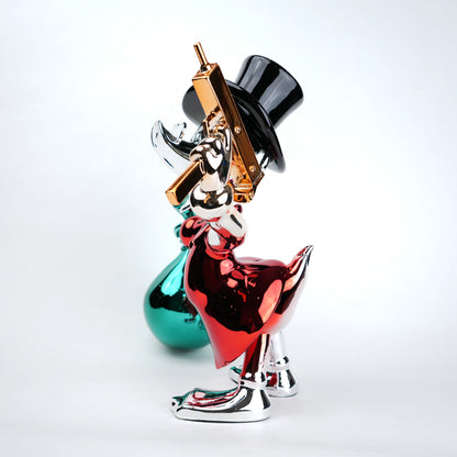 Colorful glass sculpture of a figure with a top hat and cane on a white background