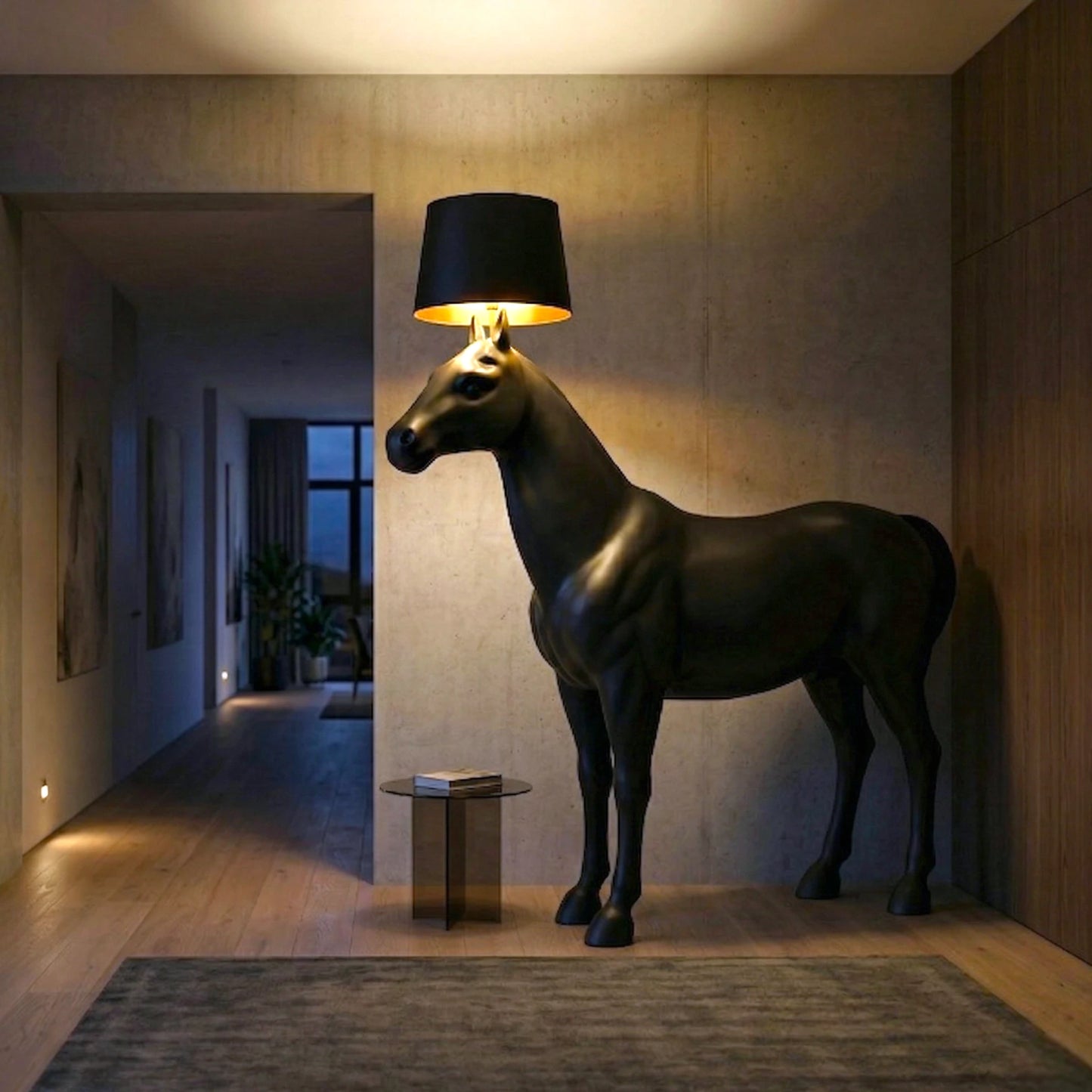 Decorative horse-shaped floor lamp in a dimly lit room.