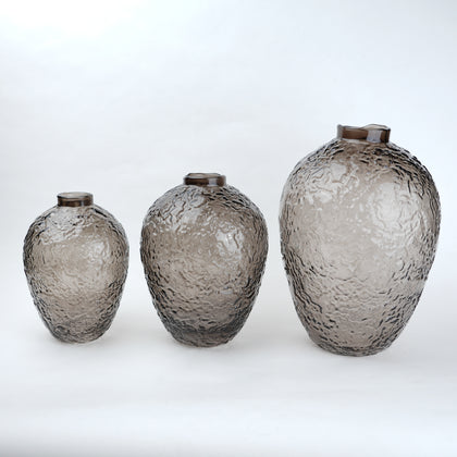 Hammered glass vase in warm grey finish available in three sizes for modern home decor styling
