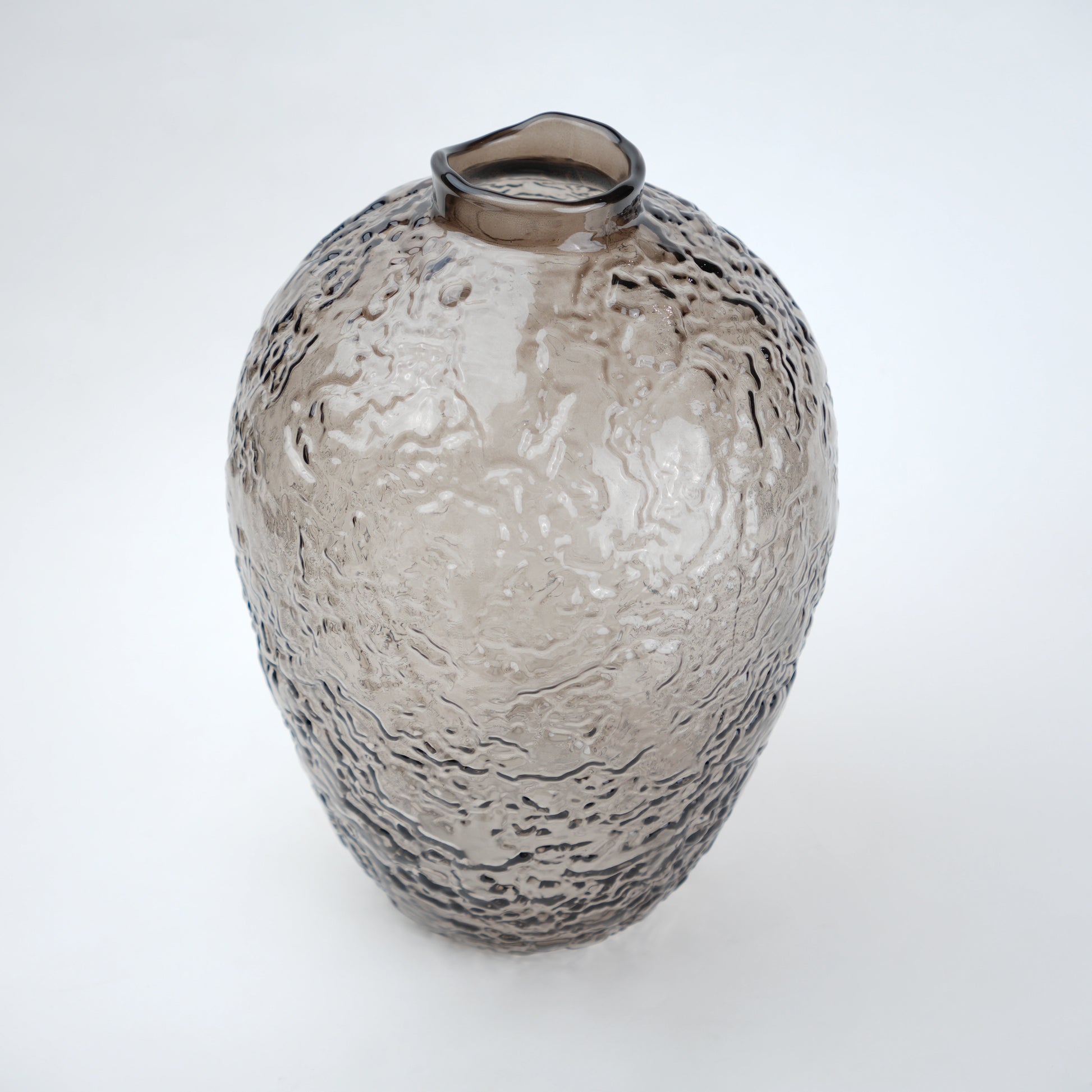 Hammered glass vase in warm grey finish available in three sizes for modern home decor styling