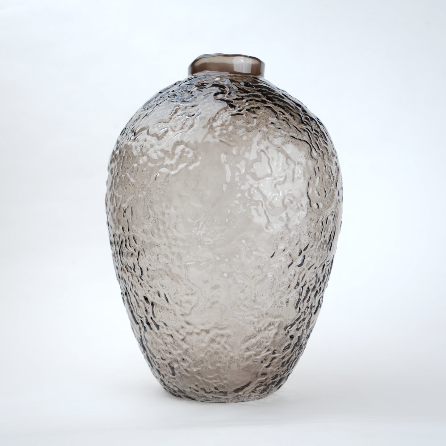 Hammered glass vase in warm grey finish available in three sizes for modern home decor styling