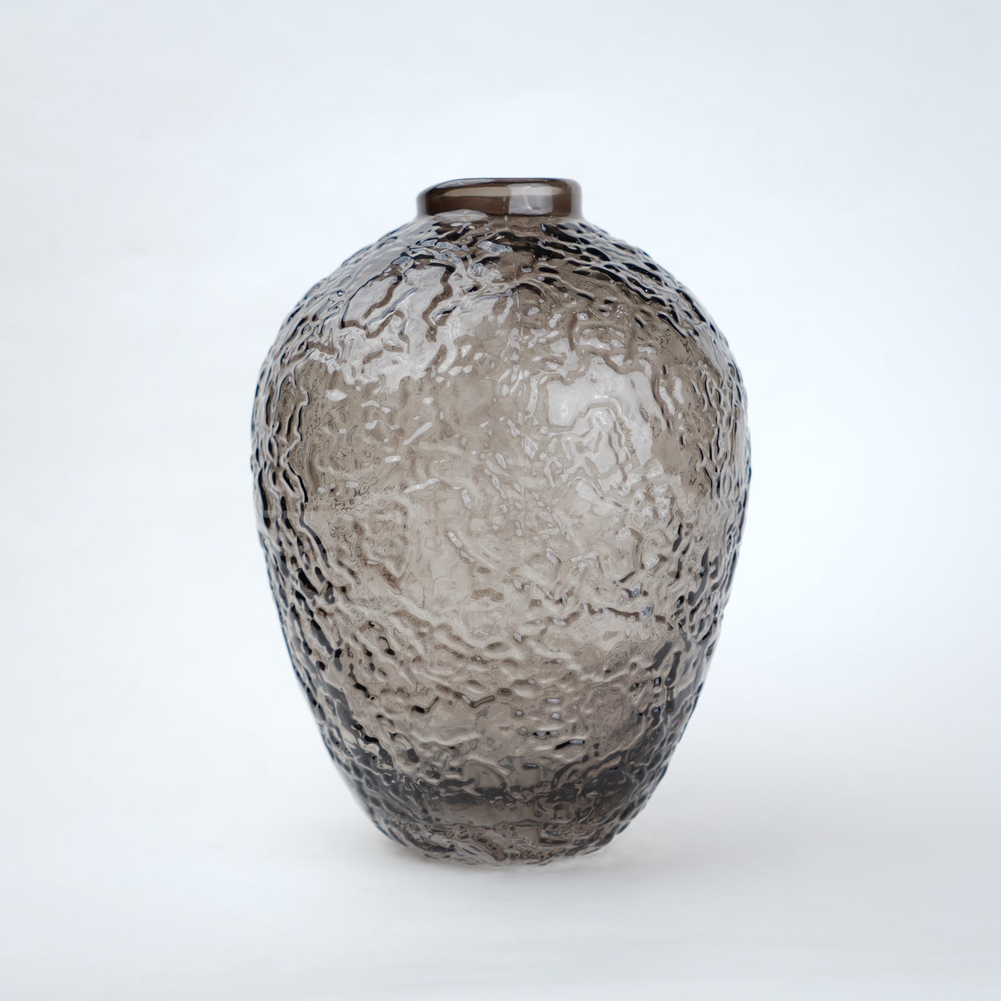 Hammered glass vase in warm grey finish available in three sizes for modern home decor styling