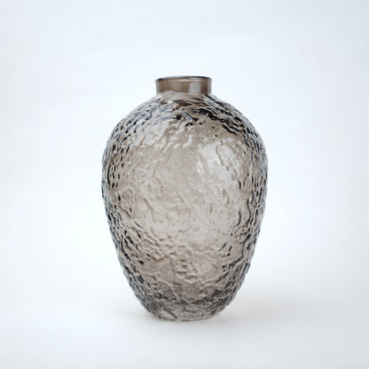 Hammered glass vase in warm grey finish available in three sizes for modern home decor styling