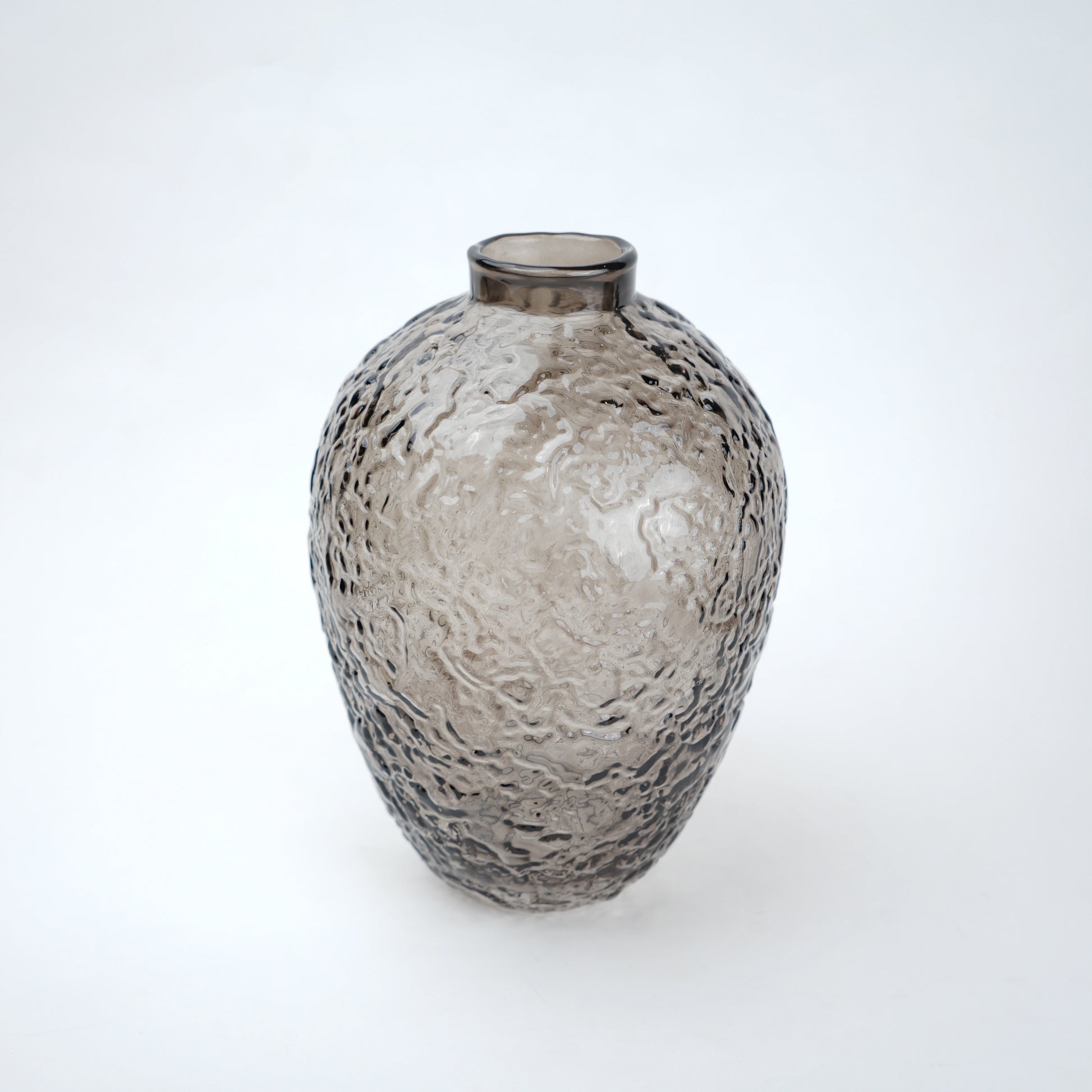 Hammered glass vase in warm grey finish available in three sizes for modern home decor styling