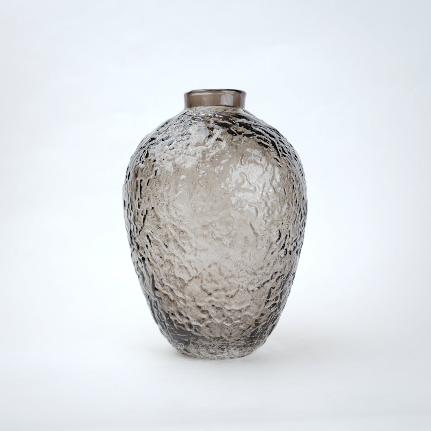 Hammered glass vase in warm grey finish available in three sizes for modern home decor styling