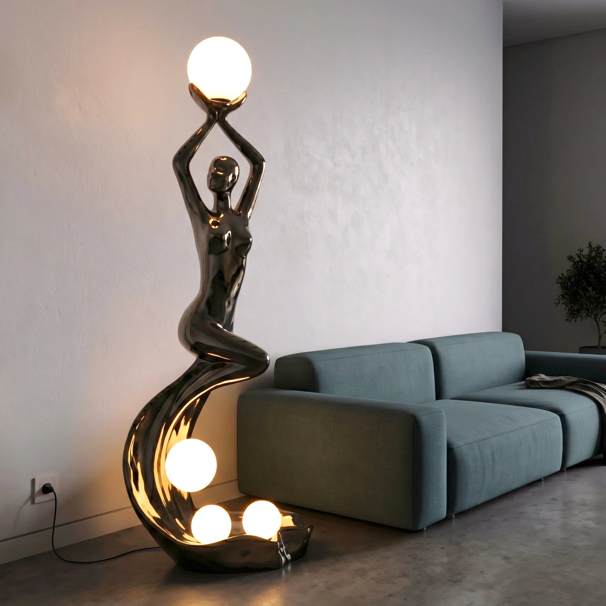 black sculptural floor lamp with human figure and orb lights