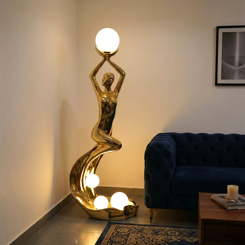Radiant Muse Sculpture Floor Lamp gold human form with globe light