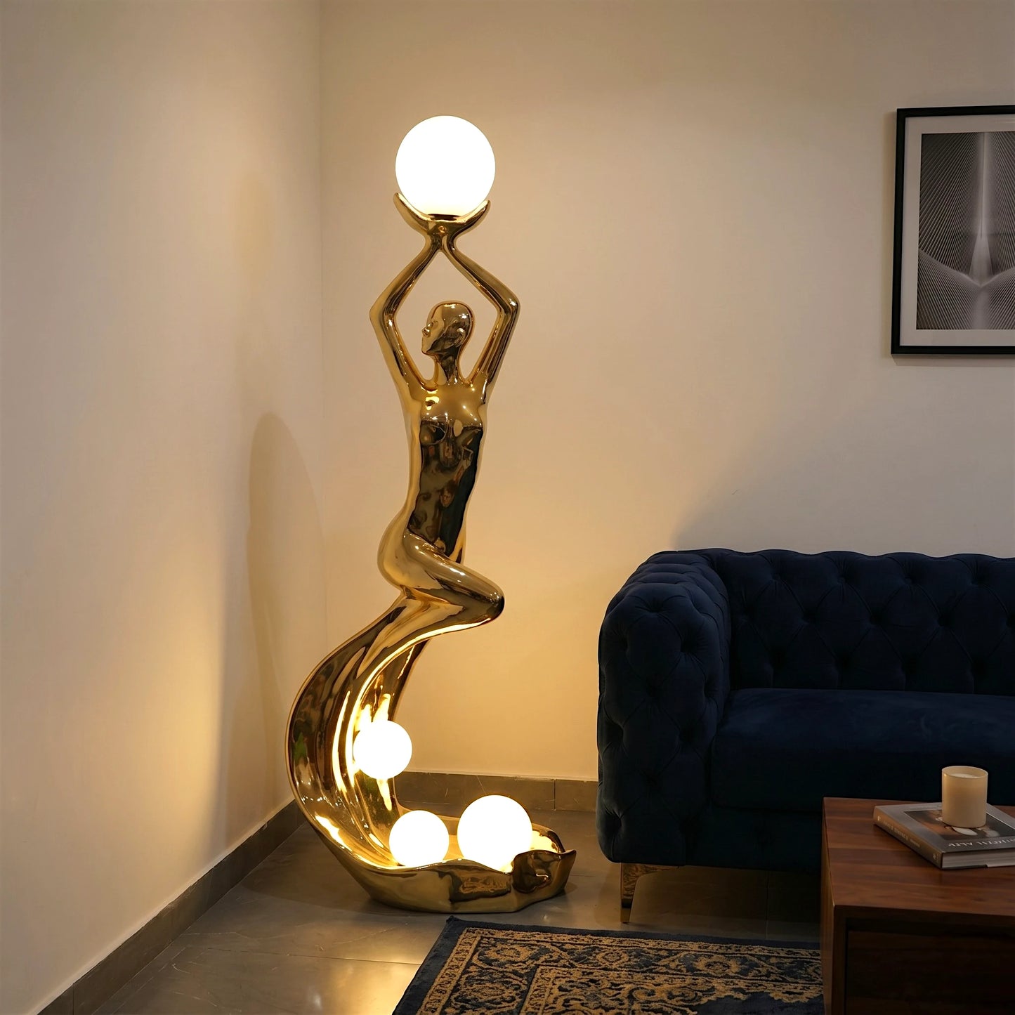 Radiant Muse Sculpture Floor Lamp gold human form with globe light