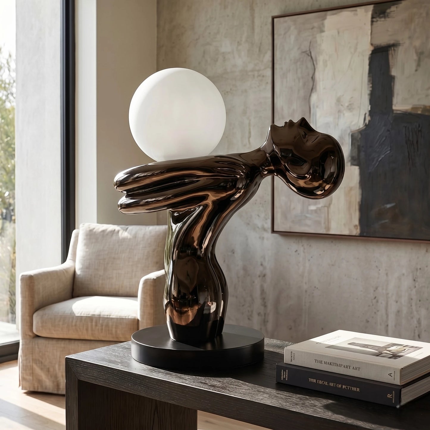 Black Sculptural Table Lamp with frosted globe light