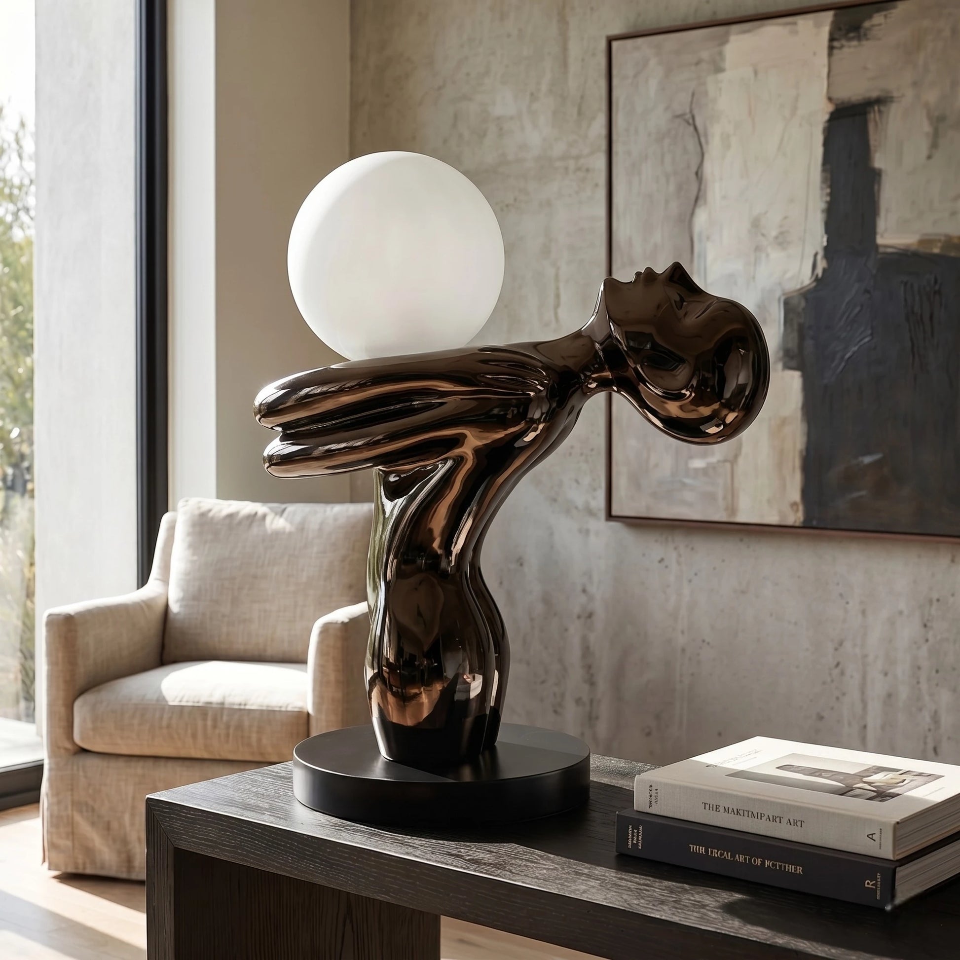 Black Sculptural Table Lamp with frosted globe light