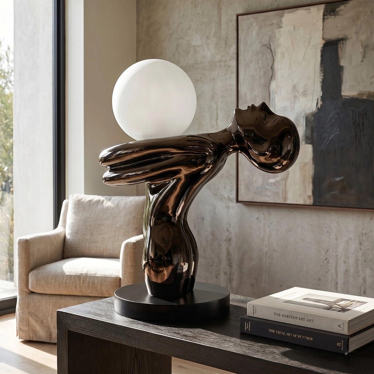 Black Sculptural Table Lamp with frosted globe light