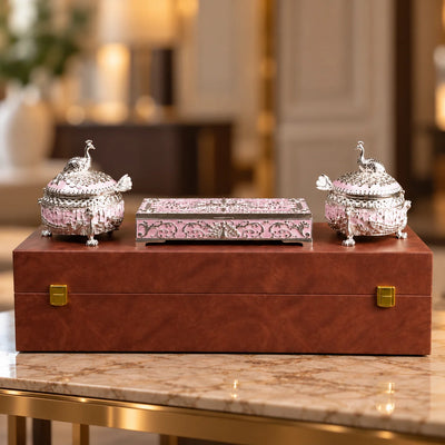 Royal Peacock 3-Piece Dry Fruit Box Set with Ornate Peacock Lids and Decorative Storage Case | Luxury Festive Diwali Gift for Home