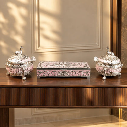 Luxury silver peacock dry fruit boxes with ornate lids and decorative presentation case