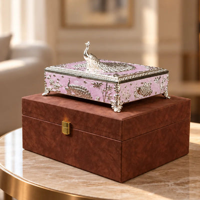 Ghar Art Pink Peacock Dry Fruit Box with Ornate Silver Peacock Design, 6-Compartment Decorative Storage Box | Luxury Diwali Gift for Home