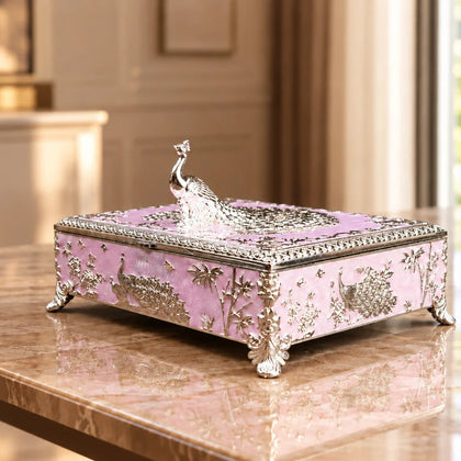 Royal peacock jewellery keepsake box with intricate silver floral and feather detailing