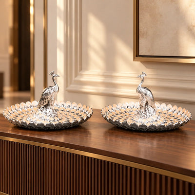 Ghar Art Royal Peacock 2-Piece Decorative Platter Set with Ornate Peacock Design, Silver and Champagne Finish | Luxury Festive Table Décor